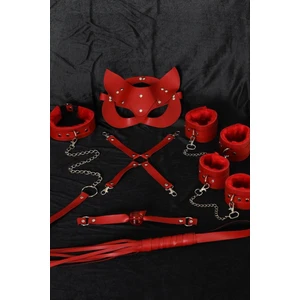 Kırmızı Içi Tüylü Maske,kol,bacak,ağız Topu,kırbaç,tasma Harness Set