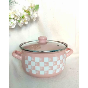 Ebruli Emaye Pembe Dama Emaye Tencere 3750 ml 22 cm Çap Süt Yoğurt Çorba Tenceresi