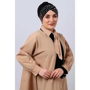 Hürrem Bone Siyah Pratik Hazır Geçmeli Tesettür Bone Sandy Kumaş Taşlı 1456_01