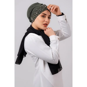 Hürrem Bone Haki Pratik Hazır Geçmeli Tesettür Bone Sandy Kumaş Taşlı 1456_09