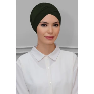 Hürrem Bone Haki Pratik Hazır Geçmeli Tesettür Bone Sandy Kumaş Çapraz Büzgülü 1801_09