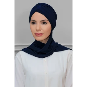 Hürrem Bone Lacivert Pratik Hazır Geçmeli Tesettür Bone Sandy Kumaş Taçlı Büzgülü Şifon Atkılı 1208A_02