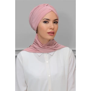 Hürrem Bone Pudra Pratik Hazır Geçmeli Tesettür Bone Sandy Kumaş Taçlı Büzgülü Şifon Atkılı 1208A_06