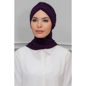 Hürrem Bone Mürdüm Pratik Hazır Geçmeli Tesettür Bone Sandy Kumaş Taçlı Büzgülü Şifon Atkılı 1208A_07