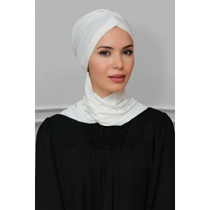 Hürrem Bone Krem Pratik Hazır Geçmeli Tesettür Bone Sandy Kumaş Taçlı Büzgülü Şifon Atkılı 1208A_40