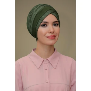 Hürrem Bone Haki Pratik Hazır Geçmeli Tesettür Bone Fukuro Piliseli Tek Bantlı Çapraz Büzgülü 1821_09