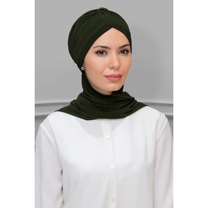 Hürrem Bone Haki Pratik Hazır Geçmeli Tesettür Bone Sandy Kumaş Taçlı Büzgülü Şifon Atkılı 1208A_09