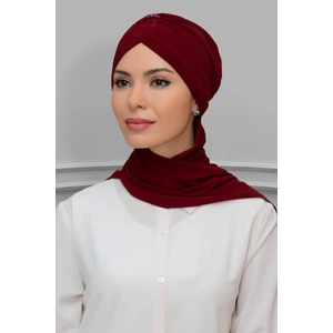 Hürrem Bone Bordo Pratik Hazır Geçmeli Tesettür Bone Sandy Kumaş Taçlı Büzgülü Şifon Atkılı 1208A_16