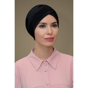 Hürrem Bone Siyah Pratik Hazır Geçmeli Tesettür Bone Fukuro Piliseli Tek Bantlı Çapraz Büzgülü 1821_01
