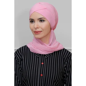 Hürrem Bone Pembe Pratik Hazır Geçmeli Tesettür Bone Sandy Kumaş Çapraz Büzgülü Şifon Atkılı 1801A_04