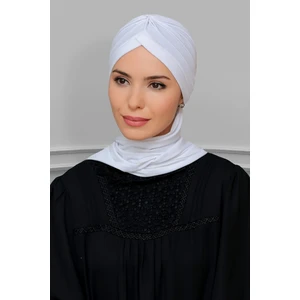 Hürrem Bone Beyaz Pratik Hazır Geçmeli Tesettür Bone Sandy Kumaş Taçlı Büzgülü Şifon Atkılı 1208A_42