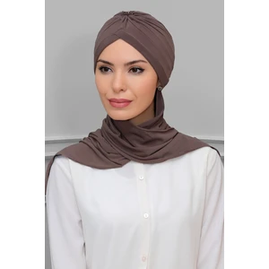 Hürrem Bone Koyu Vizon Pratik Hazır Geçmeli Tesettür Bone Sandy Kumaş Taçlı Büzgülü Şifon Atkılı 1208A_38
