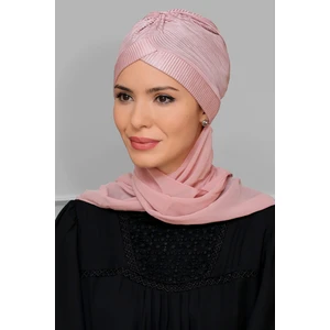 Hürrem Bone Pudra Pratik Hazır Geçmeli Tesettür Bone Fukuro Piliseli Tek Çapraz Büzgülü Şifon Atkılı 1824A_06