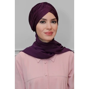 Hürrem Bone Mürdüm Pratik Hazır Geçmeli Tesettür Bone Fukuro Piliseli Tek Çapraz Büzgülü Şifon Atkılı 1824A_07