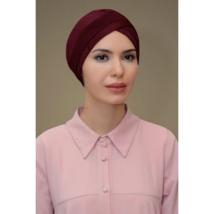 Hürrem Bone Bordo Pratik Hazır Geçmeli Tesettür Bone Fukuro Piliseli Tek Bantlı Çapraz Büzgülü 1821_16