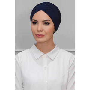 Hürrem Bone Lacivert Pratik Hazır Geçmeli Tesettür Bone Sandy Kumaş Çapraz Büzgülü 1801_02