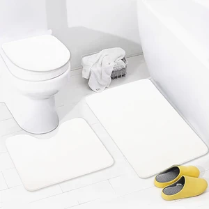 Unicolor Düz Krem 3'lü Banyo Paspası Halısı Seti Kaymaz Deri Tabanlı Yıkanabilir Klozet Takımı