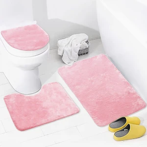 Unicolor Düz Pembe 3'lü Banyo Paspası Halısı Seti Kaymaz Deri Tabanlı Yıkanabilir Klozet Takımı