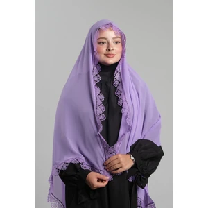 Mor Namaz Başörtüsü Şal Şifon Güpürlü 202106_22