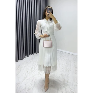 The ZKS Kadın Boyundan Bağlamalı Fransız Güpür Piliseli Abiye Elbise Saks, Siyah, Beyaz, Taba, Kırmızı, Pudra