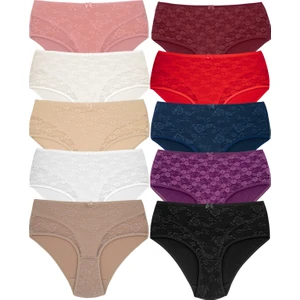 Hnx 10'lu Önü Dantel Pamuklu Yüksek Bel Büyük Beden Kadın Külot