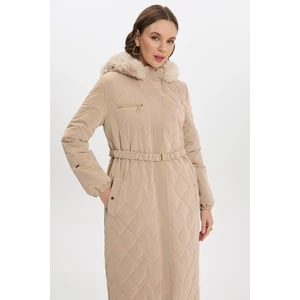 Kürk Detaylı Kapüşonlu Uzun Siyah Şişme Mont