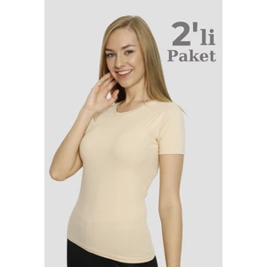 Kadın Ten Rengi Basic Tişört 2'li Paket Pamuklu Likralı Esnek Kısa Kol Fanila
