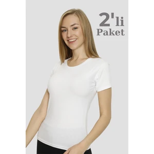 Kadın Beyaz Basic Tişört 2'li Paket Pamuklu Likralı Esnek Kısa Kol Fanila