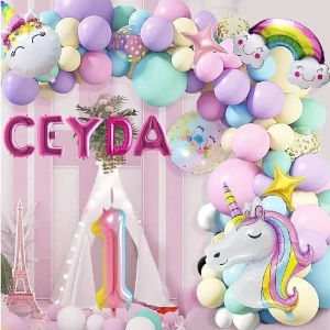 5 Harfli Yaş Seçenekli Gökkuşağı Konseptli Unicorn Temalı Makaron Balon Doğum Günü Parti Kutlama Seti - 1 Yaş