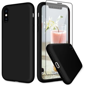 iPhone x / Xs Rubber Silikon Kılıf & Temperli Cam Ekran Koruyucu Seti (Siyah)