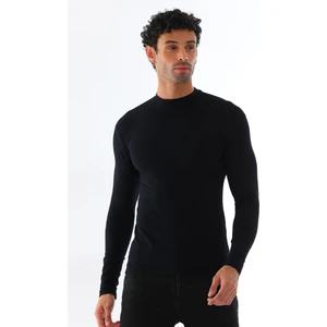 Erkek Dik Yaka Slim Fit Pamuk Likra Tişört-Siyah