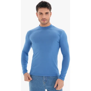 Erkek Dik Yaka Slim Fit Pamuk Likra Tişört-Koyu Mavi