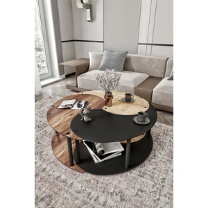 Yin Yang Unıty Serenıty 3'lü Safir Meşe Madran Ceviz Siyah 90 cm Çap Orta Sehpa