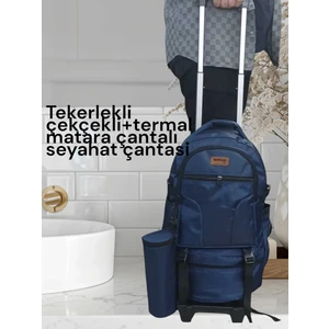 Rowan Çanta 2 Kademeli Tekerlekli Çekçekli+Termal Matara Çantalı Lacivert Kabin Boy,portatif Seyahat Çantsı