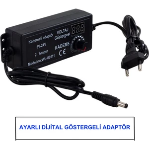 3 Volt - 24 Volt 2 Amper 5.5*2.5 Standart Uçlu Digital Ekranlı Ayarlı Kademeli Adaptör Dijital Ekran