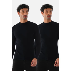 Penye Bizden Erkek Dik Yaka Slim Fit Pamuk Likra Tişört 2'li Paket-Siyah-Siyah