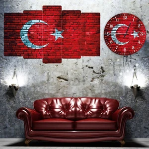 Zevahir Mobilya Dekorasyon Zevahir 5 Parça Mdf Tuğla Desenli Türk Bayrağı Tablosu Ve Mdf Saat Kombin