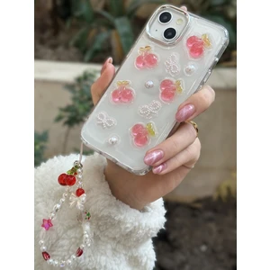 Paladyum Case iPhone 14 Plus Uyumlu Kirazlı Simli Boncuklu Şeffaf Kılıf