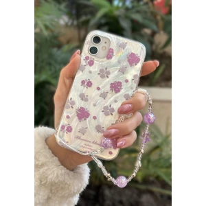 Paladyum Case iPhone 11 Uyumlu Lila Çiçekli Desenli Boncuklu Bilek Askılı Charmlı Kılıf
