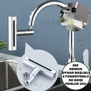 360 Derece Dönen 4 Fonksiyonlu Lüks Mutfak Lavabo Musluk Ucu Krom Renk