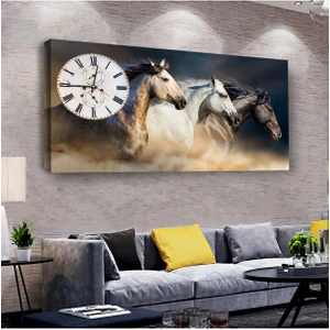 Zevahir Mobilya Dekorasyon Koşan Atlar 100 X 50 Cm Saatli Kanvas Tablo