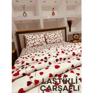 Çift Kişilik Nevresim Takımı Ottoman Serisi Kırmızı Kalp Desenli Lastikli Çarşaflı