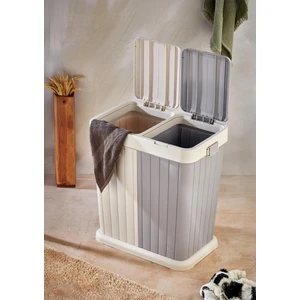 Büyük Boy Çift Hazneli Çamaşır Sepeti - 2'li Çok Amaçlı Kutu, Çöp Kovası  - 80 Litre - Ekru-Gri