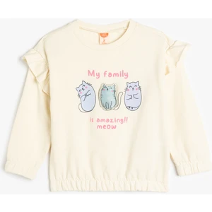 Sweatshirt Uzun Kollu Kedi Baskılı Bisiklet Yaka Fırfır Detaylı Pamuklu Şardonlu