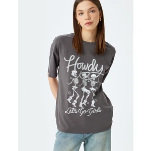 Kuru Kafa Baskılı Bisiklet Yaka Kısa Kollu Rahat Kalıp T-Shirt