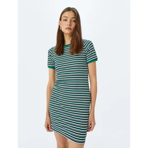 Bisiklet Yaka Kısa Kollu Fitilli Mini Bodycon Elbise