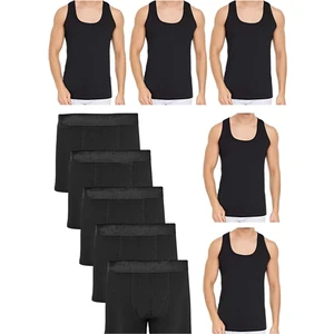 Nacar Store Erkek Pamuklu Likralı 5 Siyah Boxer 5 Siyah Atlet 10'lu Paket Takım