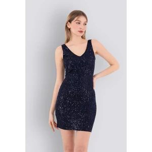 Bella | Payetli Kalın Askılı Mini Slim Abiye Elbise V Yaka Sırt Dekolteli Kolsuz - Lacivert