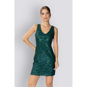 Bella | Payetli Kalın Askılı Mini Slim Abiye Elbise V Yaka Sırt Dekolteli Kolsuz - Zümrüt Yeşili