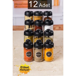 Krm Home 12 Adet Kapağı Kendinden Kaşıklı ve Siyah Etiketli Baharatlık Seti 330 ml Cam Baharat Takımı